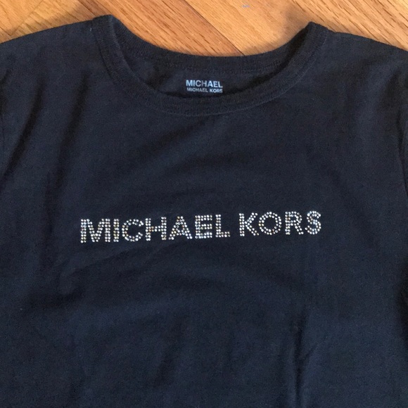 MICHAEL KORS Black 3/4 Sleeve Rhinestone Logo Top - Picture 2 of 8